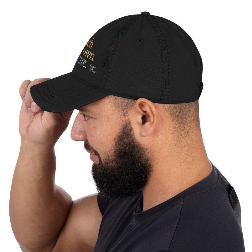 Pride hat, LGBTQIA+ pride cap, rainbow embroidered hat distressed pride baseball cap, unstructured cotton twill cap, Pride apparel accessory, inclusive fashion hat, LGBTQIA+ support merchandise, queer pride fashion, Outright International donation, ally pride gear, Pride month clothing, gender-neutral cap, low-profile dad hat, soft crown baseball cap, adjustable hook-and-loop hat, lived-in look cap, ethically made hat, made-to-order fashion, sustainable pride gear, slow fashion accessories