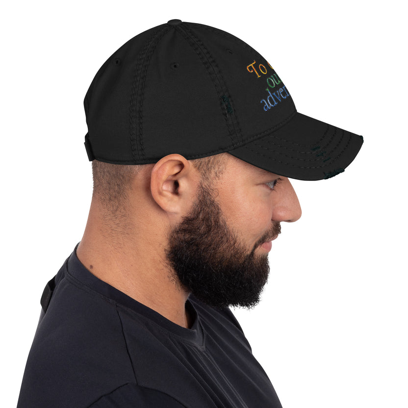 Pride hat, LGBTQIA+ pride cap, rainbow embroidered hat distressed pride baseball cap, unstructured cotton twill cap, Pride apparel accessory, inclusive fashion hat, LGBTQIA+ support merchandise, queer pride fashion, Outright International donation, ally pride gear, Pride month clothing, gender-neutral cap, low-profile dad hat, soft crown baseball cap, adjustable hook-and-loop hat, lived-in look cap, ethically made hat, made-to-order fashion, sustainable pride gear, slow fashion accessories