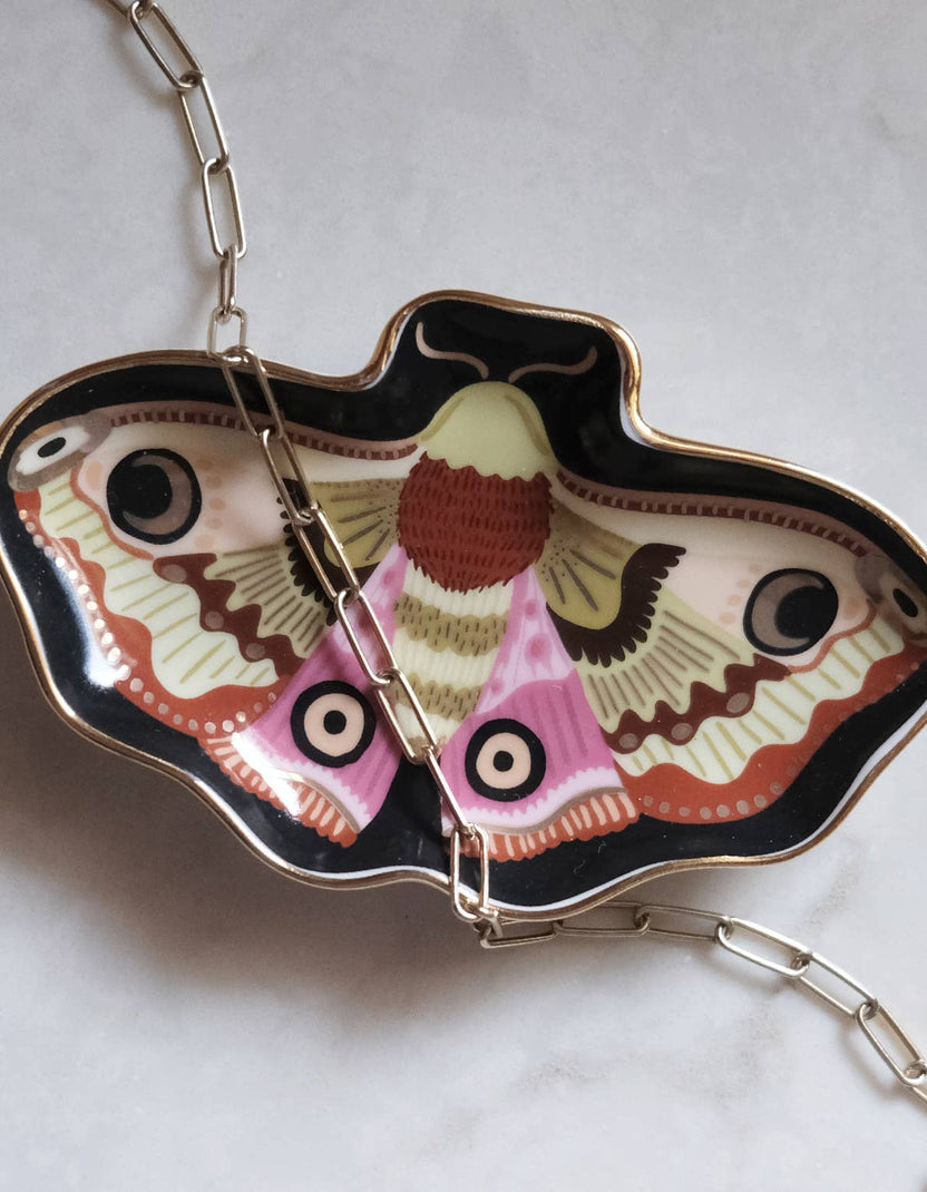moon moth trinket dish, moth ring dish, porcelain jewelry dish, ceramic trinket dish, gold rim dish, Idlewild Co dish, hand-painted porcelain, mystical home decor, insect art decor, jewelry catchall, small gift idea, stocking stuffer