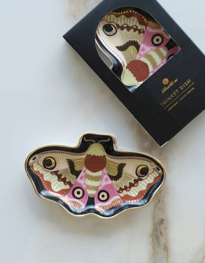 moon moth trinket dish, moth ring dish, porcelain jewelry dish, ceramic trinket dish, gold rim dish, Idlewild Co dish, hand-painted porcelain, mystical home decor, insect art decor, jewelry catchall, small gift idea, stocking stuffer