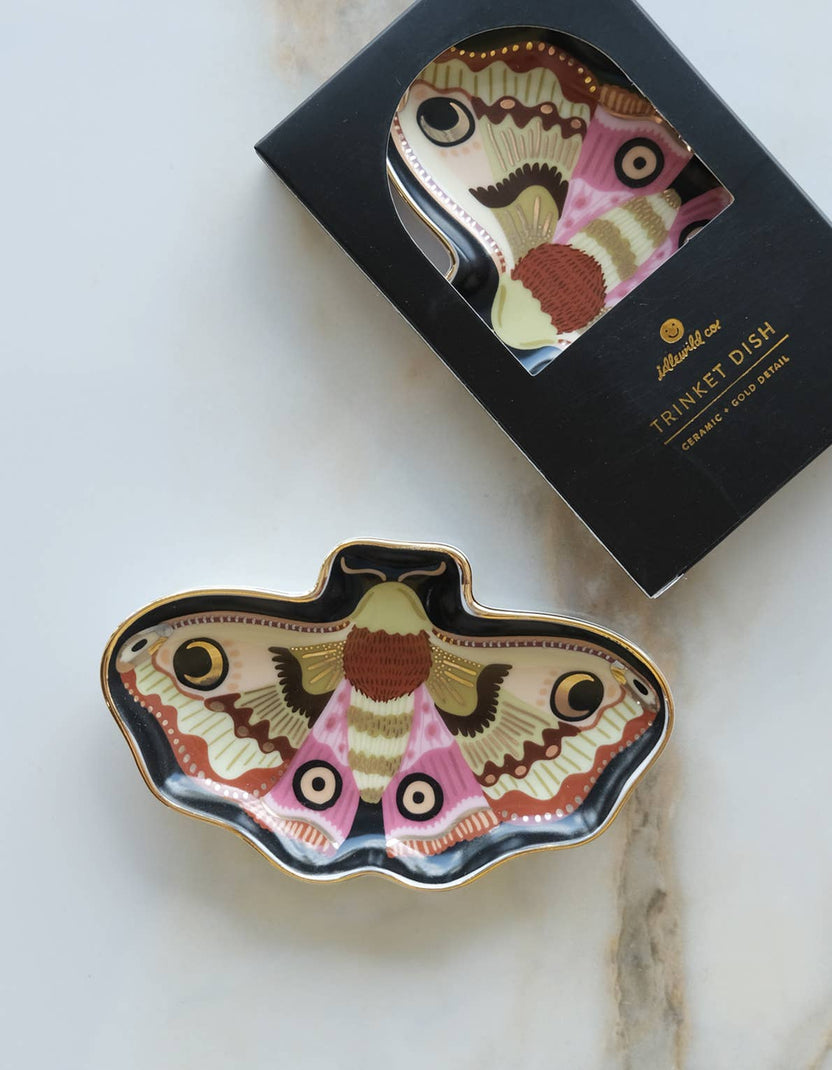 moon moth trinket dish, moth ring dish, porcelain jewelry dish, ceramic trinket dish, gold rim dish, Idlewild Co dish, hand-painted porcelain, mystical home decor, insect art decor, jewelry catchall, small gift idea, stocking stuffer