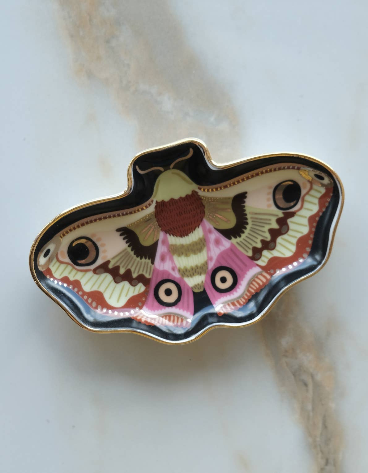 moon moth trinket dish, moth ring dish, porcelain jewelry dish, ceramic trinket dish, gold rim dish, Idlewild Co dish, hand-painted porcelain, mystical home decor, insect art decor, jewelry catchall, small gift idea, stocking stuffer