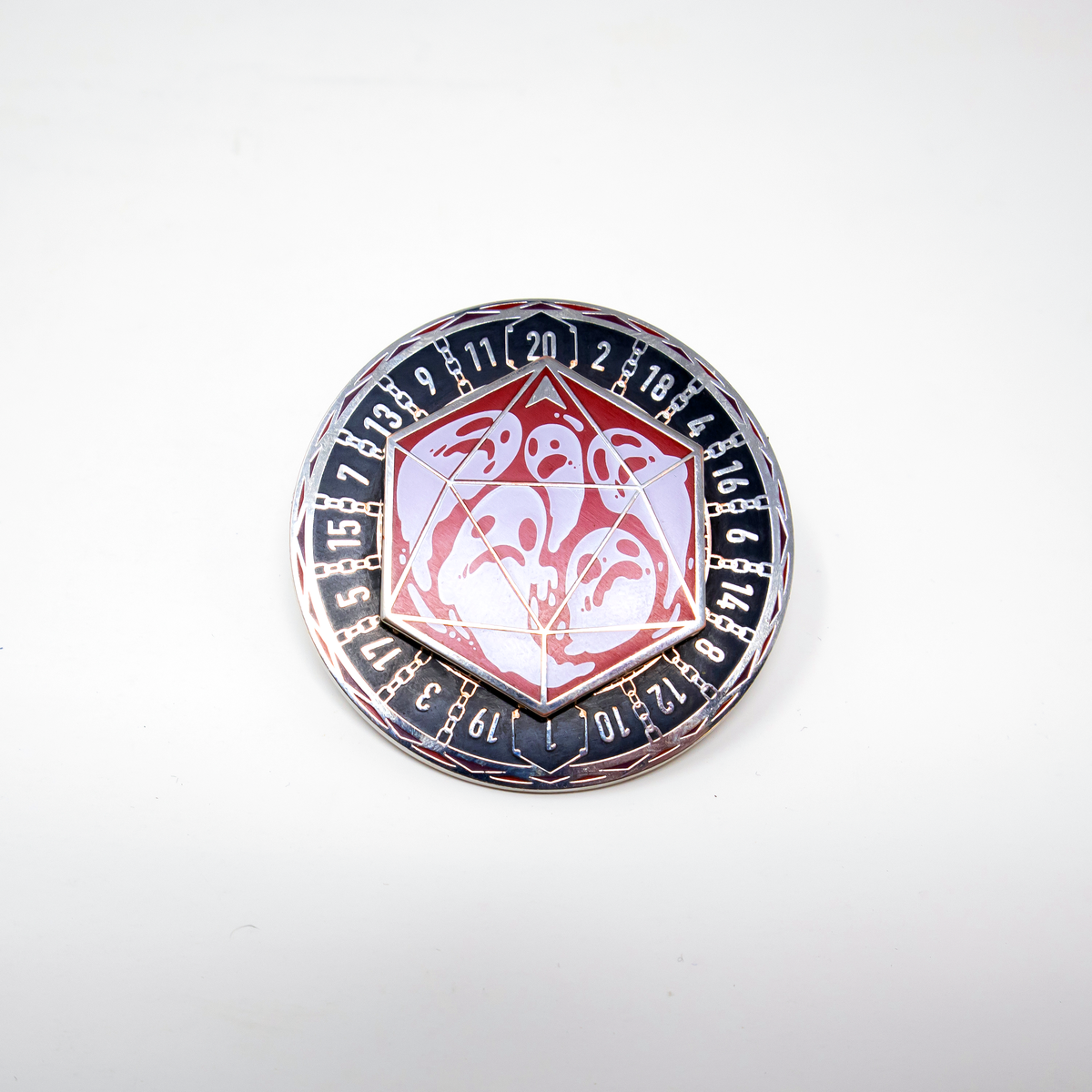 Donjon D20 Spinner Pin with numbered outer ring and red illustrated center
