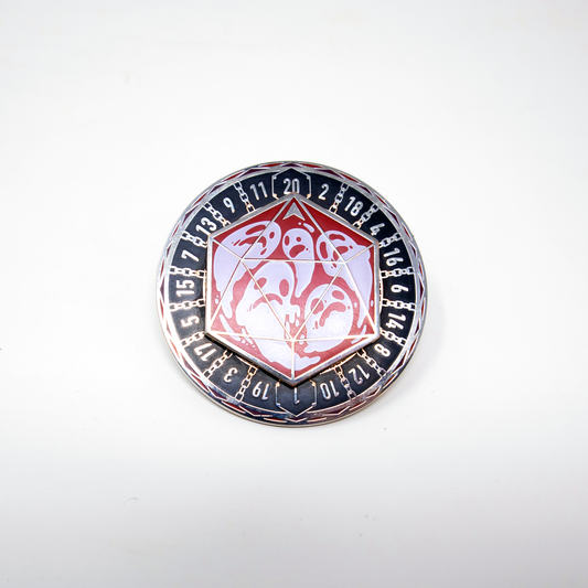 Donjon D20 Spinner Pin with numbered outer ring and red illustrated center