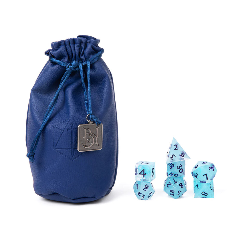 Dorian Storm dice set, Critical Role Dorian dice, Bells Hells RPG dice, sharp-edged polyhedral dice, translucent blue RPG dice, shimmer dice set, navy blue numbered dice, lute icon d20, Critical Role campaign 3 dice, Leia Rondeau artist dice, D&D character dice set, fantasy resin dice, Critical Role Bells Hells merch, premium resin dice set, Critical Role dice bag