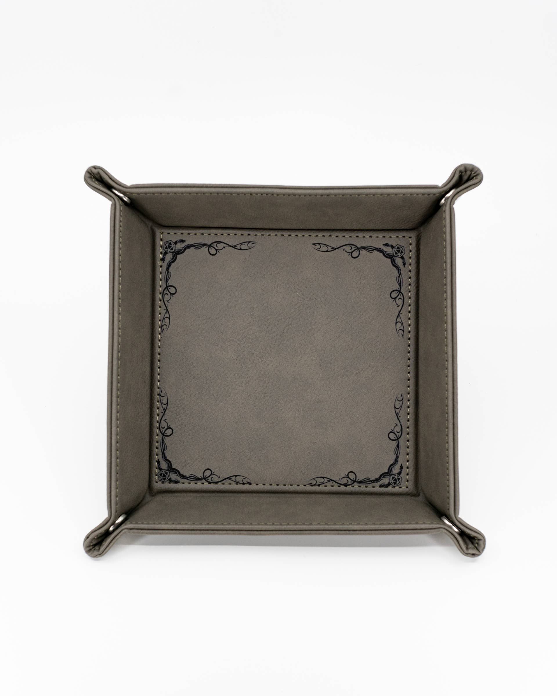 vegan leather dice tray, dragon border dice tray, DnD rolling tray, RPG accessory tray, NTSD Gaming dice tray, tabletop organizer, snap dice tray, fantasy dice tray, vegan leather gaming accessory, North to South Designs