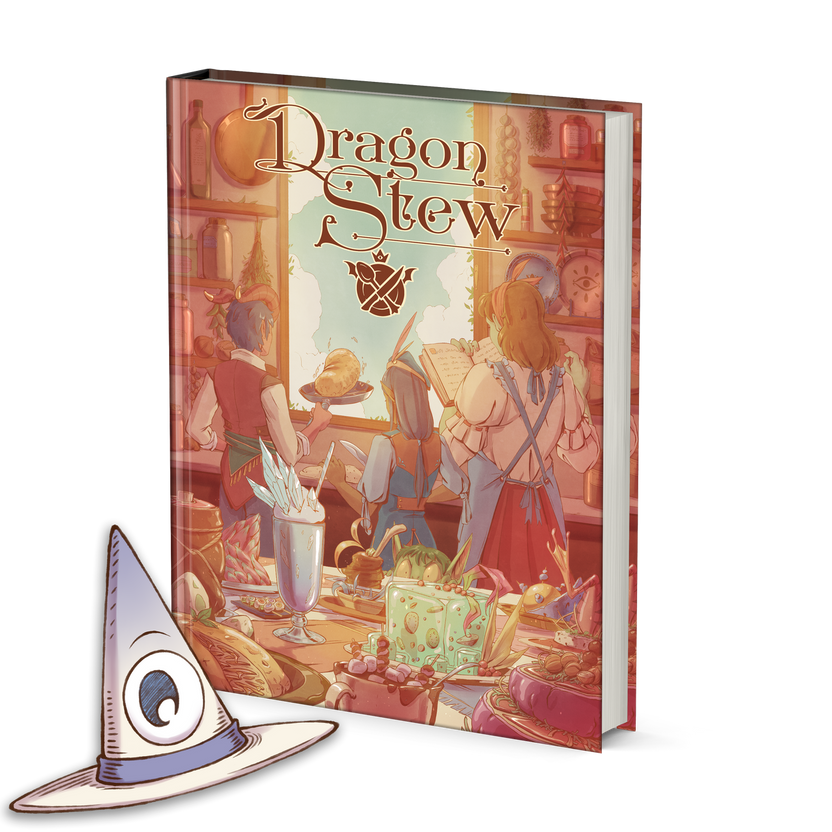 dragon stew supplement, 5e cooking rules, dnd cooking book, pointy hat studios, antonio demico art, ttrpg cooking mechanics, dessert familiars, cooking subclasses 5e, tabletop recipe adventure, hit point press supplement, fantasy cooking challenges, rogue & rye rpg books, creative dnd content, modular 5e rules, whimsical ttrpg book