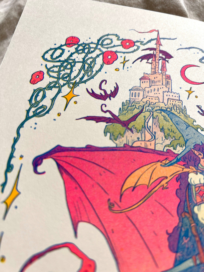 Dragon Witch risograph print, Natalie Andrewson riso print, spooky season witch art, bats as dragons illustration, witch and dragon artwork, Giant Robot Flying Creatures art, blue yellow fluorescent pink riso, whimsical witchy art print, indie printmaker riso, enchanted fantasy artwork, collectible risograph print, Rogue & Rye artist collection.