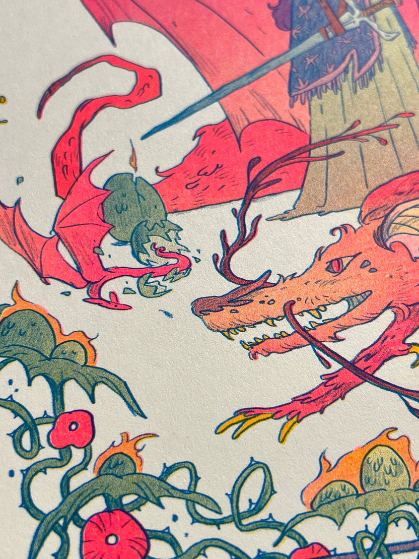 Dragon Witch risograph print, Natalie Andrewson riso print, spooky season witch art, bats as dragons illustration, witch and dragon artwork, Giant Robot Flying Creatures art, blue yellow fluorescent pink riso, whimsical witchy art print, indie printmaker riso, enchanted fantasy artwork, collectible risograph print, Rogue & Rye artist collection.