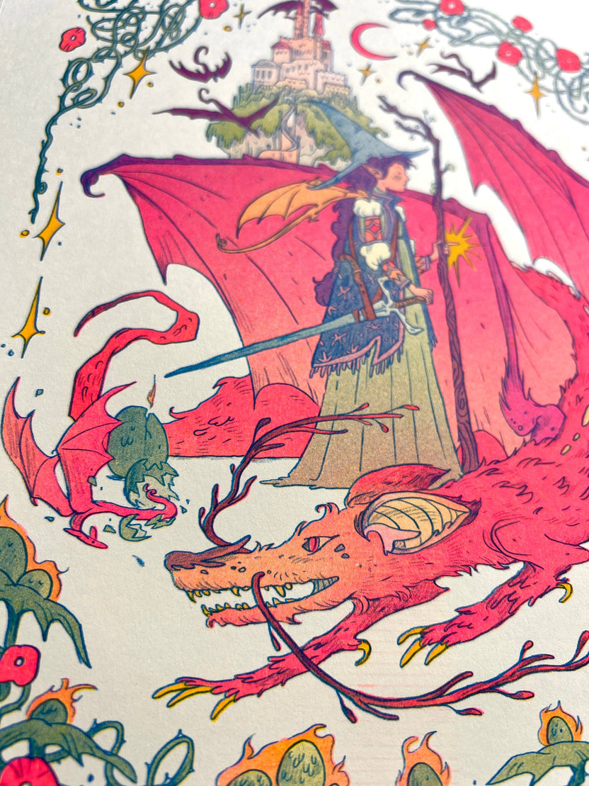 Dragon Witch risograph print, Natalie Andrewson riso print, spooky season witch art, bats as dragons illustration, witch and dragon artwork, Giant Robot Flying Creatures art, blue yellow fluorescent pink riso, whimsical witchy art print, indie printmaker riso, enchanted fantasy artwork, collectible risograph print, Rogue & Rye artist collection.