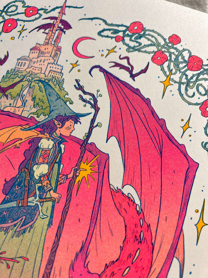 Dragon Witch risograph print, Natalie Andrewson riso print, spooky season witch art, bats as dragons illustration, witch and dragon artwork, Giant Robot Flying Creatures art, blue yellow fluorescent pink riso, whimsical witchy art print, indie printmaker riso, enchanted fantasy artwork, collectible risograph print, Rogue & Rye artist collection.