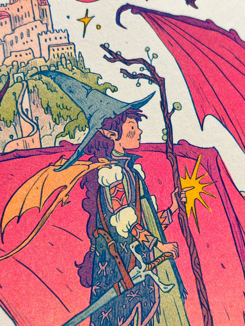 Dragon Witch risograph print, Natalie Andrewson riso print, spooky season witch art, bats as dragons illustration, witch and dragon artwork, Giant Robot Flying Creatures art, blue yellow fluorescent pink riso, whimsical witchy art print, indie printmaker riso, enchanted fantasy artwork, collectible risograph print, Rogue & Rye artist collection.