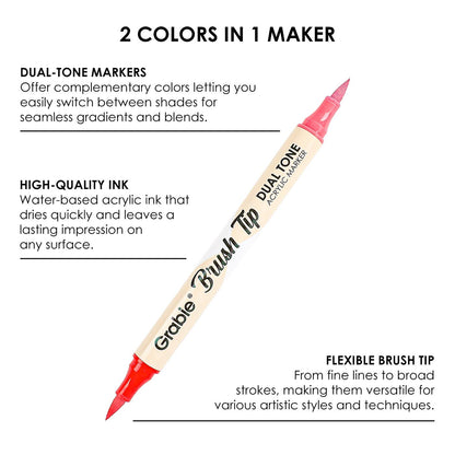 dual tip acrylic markers, 2-in-1 acrylic paint pens, brush tip paint markers, Grabie dual tone markers, acrylic markers for artists, 72 color paint pen set, paint markers for paper glass fabric, non-toxic acrylic markers, professional acrylic brush pens, dual brush markers for painting