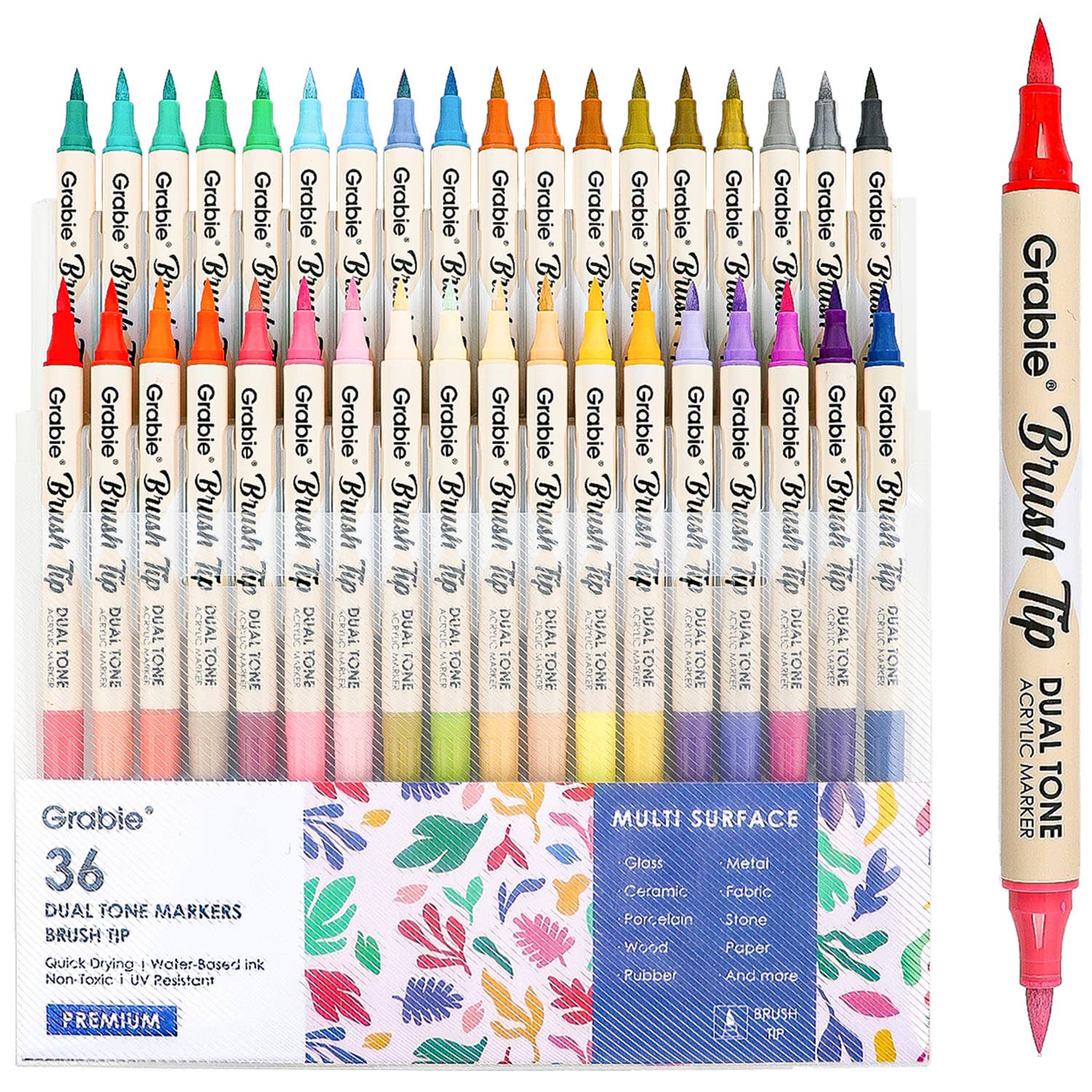 dual tip acrylic markers, 2-in-1 acrylic paint pens, brush tip paint markers, Grabie dual tone markers, acrylic markers for artists, 72 color paint pen set, paint markers for paper glass fabric, non-toxic acrylic markers, professional acrylic brush pens, dual brush markers for painting