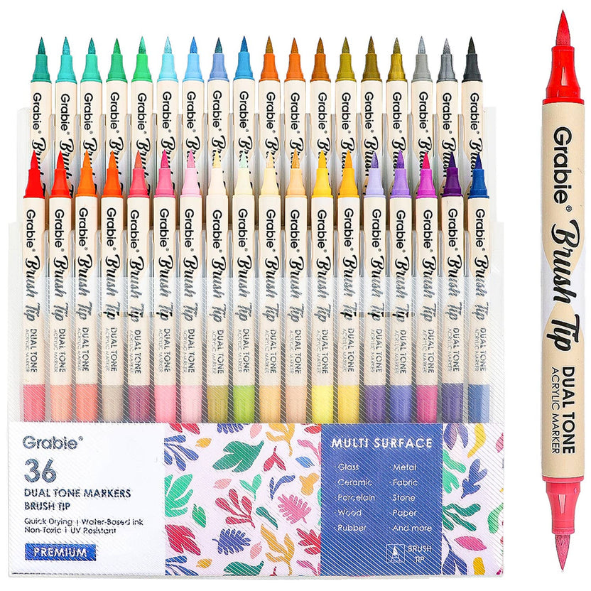 dual tip acrylic markers, 2-in-1 acrylic paint pens, brush tip paint markers, Grabie dual tone markers, acrylic markers for artists, 72 color paint pen set, paint markers for paper glass fabric, non-toxic acrylic markers, professional acrylic brush pens, dual brush markers for painting