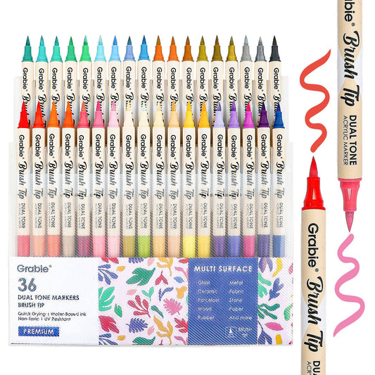 dual tip acrylic markers, 2-in-1 acrylic paint pens, brush tip paint markers, Grabie dual tone markers, acrylic markers for artists, 72 color paint pen set, paint markers for paper glass fabric, non-toxic acrylic markers, professional acrylic brush pens, dual brush markers for painting