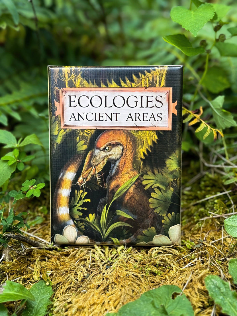Ecologies Ancient Areas card game, extinct ecosystems game, fossil record educational game, paleoecology board game, ancient food web game, educational science card game, paleo-themed card game, STEM games for kids, biology teacher designed game, prehistoric ecosystems strategy game