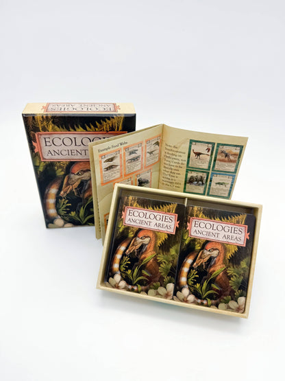 Ecologies Ancient Areas card game, extinct ecosystems game, fossil record educational game, paleoecology board game, ancient food web game, educational science card game, paleo-themed card game, STEM games for kids, biology teacher designed game, prehistoric ecosystems strategy game