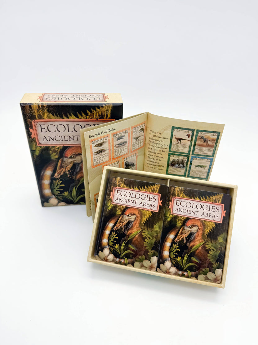 Ecologies Ancient Areas card game, extinct ecosystems game, fossil record educational game, paleoecology board game, ancient food web game, educational science card game, paleo-themed card game, STEM games for kids, biology teacher designed game, prehistoric ecosystems strategy game