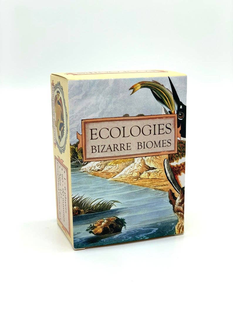 Ecologies Bizarre Biomes card game, food web card game, biology classroom games, science strategy card game, ecosystem board game, nature-themed educational game, vintage biology card art, homeschool science games, 1-6 player ecology game, real science tabletop game