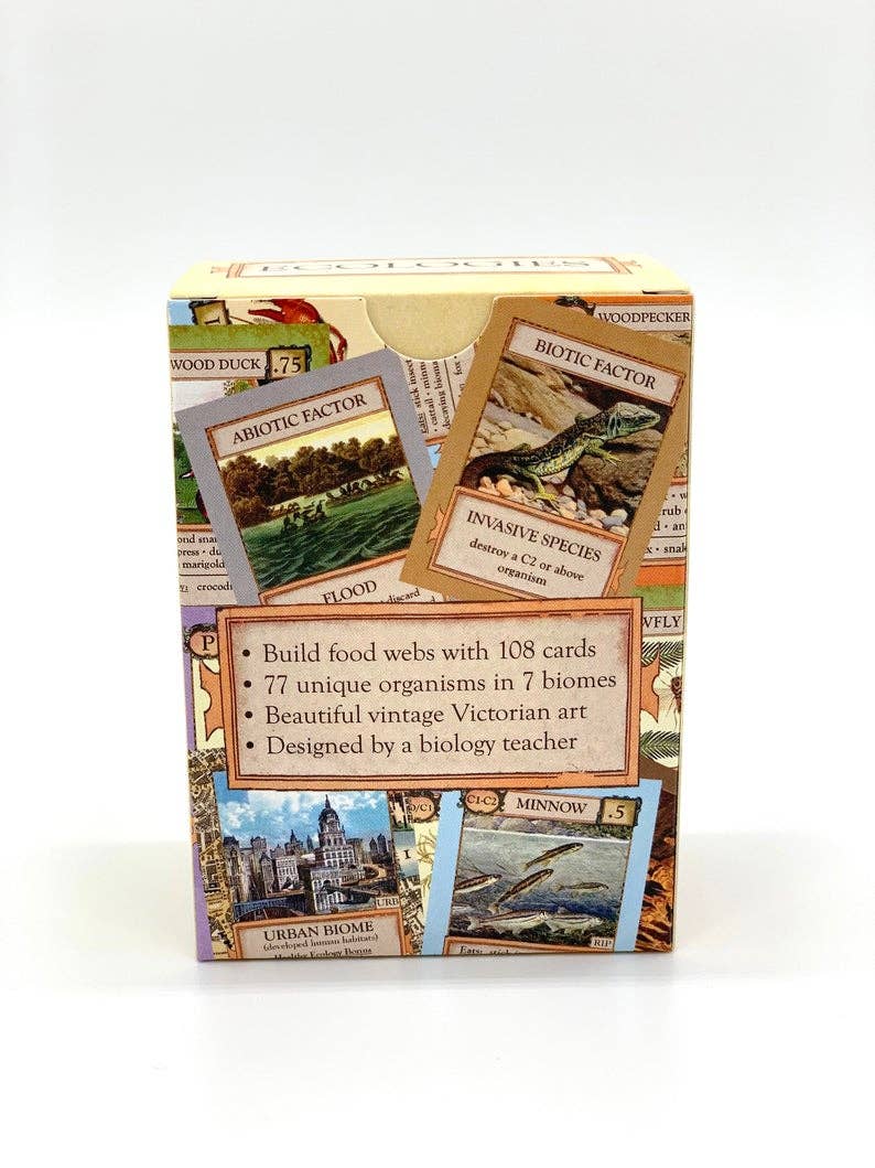 Ecologies Bizarre Biomes card game, food web card game, biology classroom games, science strategy card game, ecosystem board game, nature-themed educational game, vintage biology card art, homeschool science games, 1-6 player ecology game, real science tabletop game