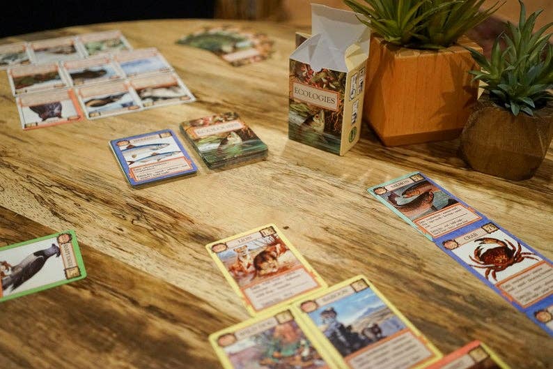Ecologies card game, educational ecology game, food web game, science strategy card game, biology classroom game, homeschool science activity, ecosystem board game, nature card game, environmental science game, biology teaching tools