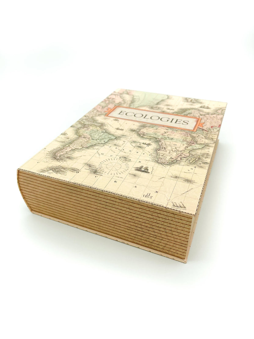 Ecologies card game organizer, faux book box card storage, vintage book game organizer, poker card storage box, ecological card game accessory, tuck box storage container, magnetic closure card holder, deck box for Ecologies games, antique map book box, card game collector case, stylish card deck organizer