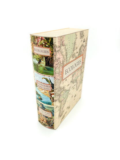 Ecologies card game organizer, faux book box card storage, vintage book game organizer, poker card storage box, ecological card game accessory, tuck box storage container, magnetic closure card holder, deck box for Ecologies games, antique map book box, card game collector case, stylish card deck organizer