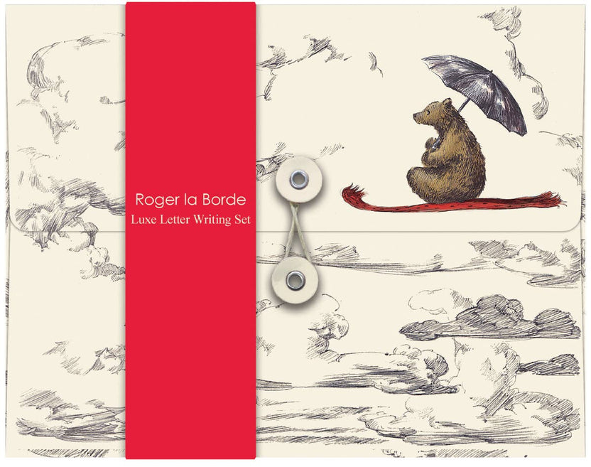 Elise Hurst Flying Bear letter writing set in its illustrated keepsake wallet featuring a bear holding an umbrella beneath a cloudy sky.