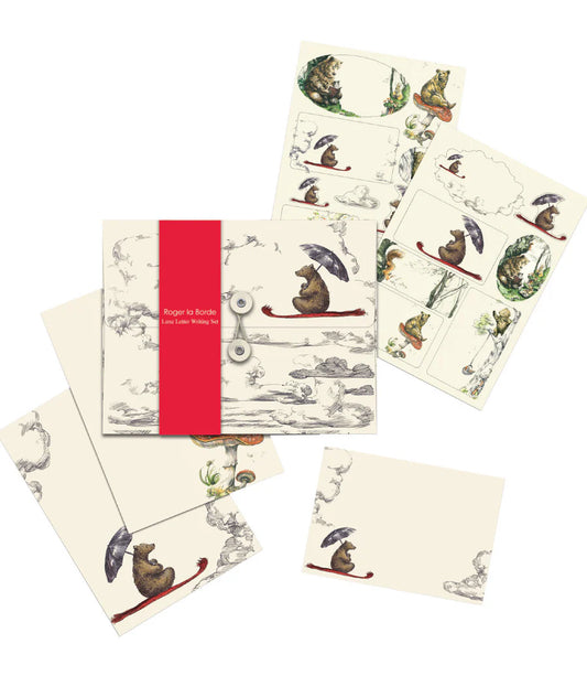 Elise Hurst Flying Bear letter writing set with illustrated writing paper, matching envelopes, decorative stickers, and a keepsake storage wallet.