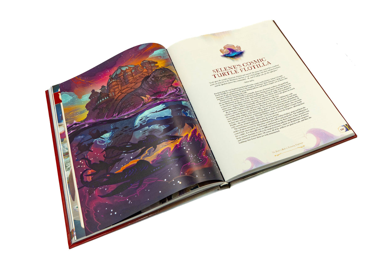 Full-color RPG book pages featuring a magical emporium