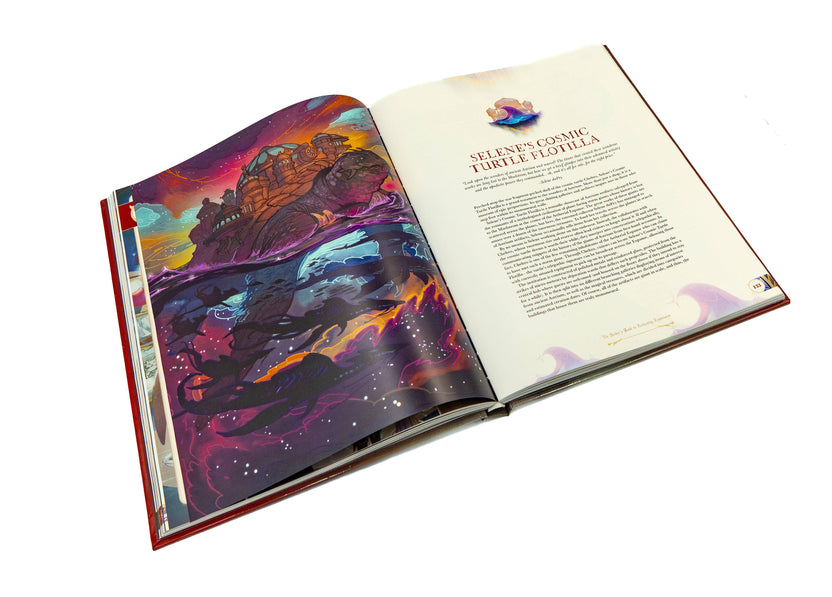 Full-color RPG book pages featuring a magical emporium