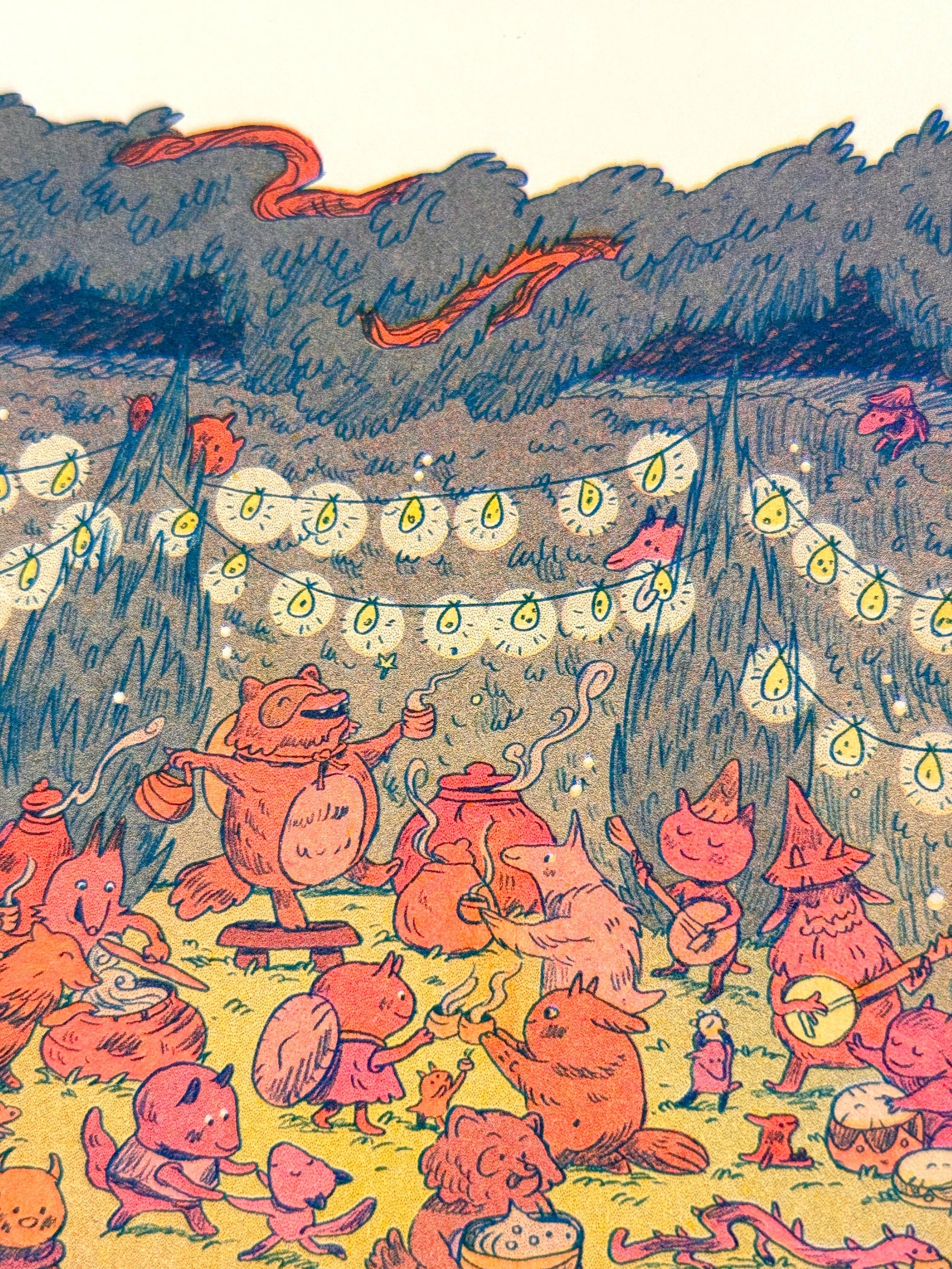 Maze’s End risograph print, Natalie Andrewson print, Magic the Gathering Secret Lair art, Tanuki Commander art print, small riso art, fluorescent riso print, fantasy art print, MTG art collectible, indie printmaker illustration, narrative risograph artwork, vibrant riso wall art, fluorescent ink print, Magic card artist print, Rogue & Rye art collection.