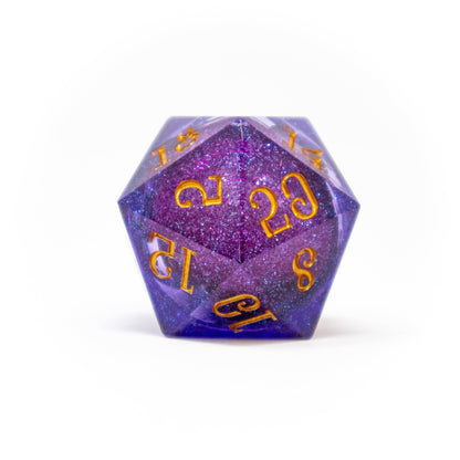 liquid core d20, large d20 dice, fablemaker's deck of many things, hit point press d20, oversized d20 die, liquid core tabletop dice, premium dnd dice, dramatic d20 roll, collectible d20, rogue & rye dice collection, shimmering liquid core dice, magical d20 for tabletop, deck of many things accessory
