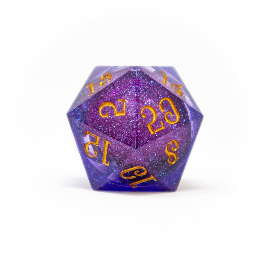liquid core d20, large d20 dice, fablemaker's deck of many things, hit point press d20, oversized d20 die, liquid core tabletop dice, premium dnd dice, dramatic d20 roll, collectible d20, rogue & rye dice collection, shimmering liquid core dice, magical d20 for tabletop, deck of many things accessory