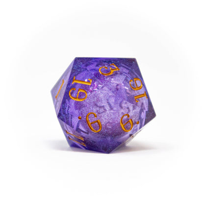 liquid core d20, large d20 dice, fablemaker's deck of many things, hit point press d20, oversized d20 die, liquid core tabletop dice, premium dnd dice, dramatic d20 roll, collectible d20, rogue & rye dice collection, shimmering liquid core dice, magical d20 for tabletop, deck of many things accessory