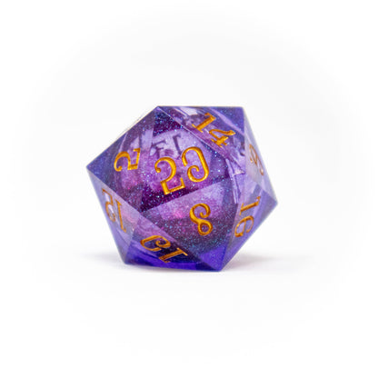 liquid core d20, large d20 dice, fablemaker's deck of many things, hit point press d20, oversized d20 die, liquid core tabletop dice, premium dnd dice, dramatic d20 roll, collectible d20, rogue & rye dice collection, shimmering liquid core dice, magical d20 for tabletop, deck of many things accessory