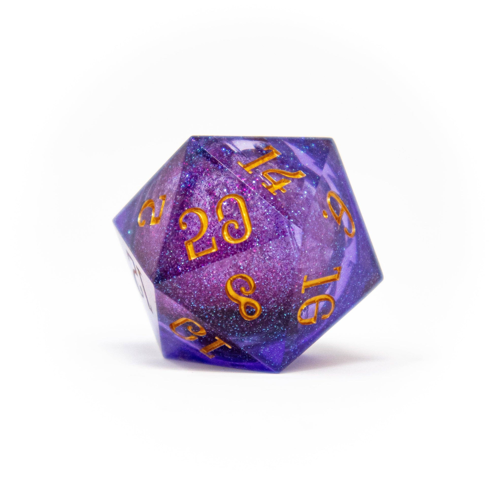 liquid core d20, large d20 dice, fablemaker's deck of many things, hit point press d20, oversized d20 die, liquid core tabletop dice, premium dnd dice, dramatic d20 roll, collectible d20, rogue & rye dice collection, shimmering liquid core dice, magical d20 for tabletop, deck of many things accessory