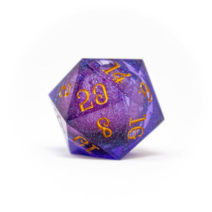 liquid core d20, large d20 dice, fablemaker's deck of many things, hit point press d20, oversized d20 die, liquid core tabletop dice, premium dnd dice, dramatic d20 roll, collectible d20, rogue & rye dice collection, shimmering liquid core dice, magical d20 for tabletop, deck of many things accessory