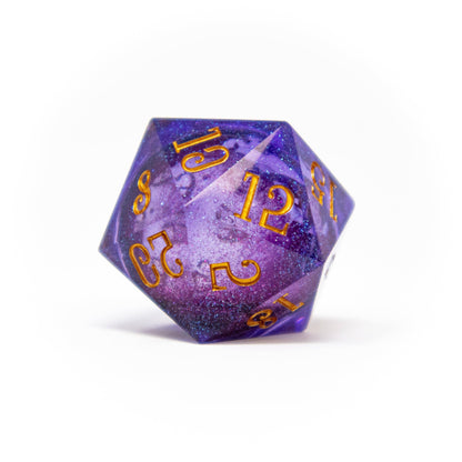 liquid core d20, large d20 dice, fablemaker's deck of many things, hit point press d20, oversized d20 die, liquid core tabletop dice, premium dnd dice, dramatic d20 roll, collectible d20, rogue & rye dice collection, shimmering liquid core dice, magical d20 for tabletop, deck of many things accessory
