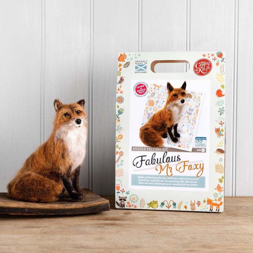 fabulous mr foxy needle felting kit, advanced fox felting project, woodland animal craft kit, Corriedale wool fox kit, fox needle felting for enthusiasts, DIY Mr. Fox wool sculpture, The Crafty Kit Company fox, handmade Scottish felting kit, armature needle felting project, Alison Rumbles fox design