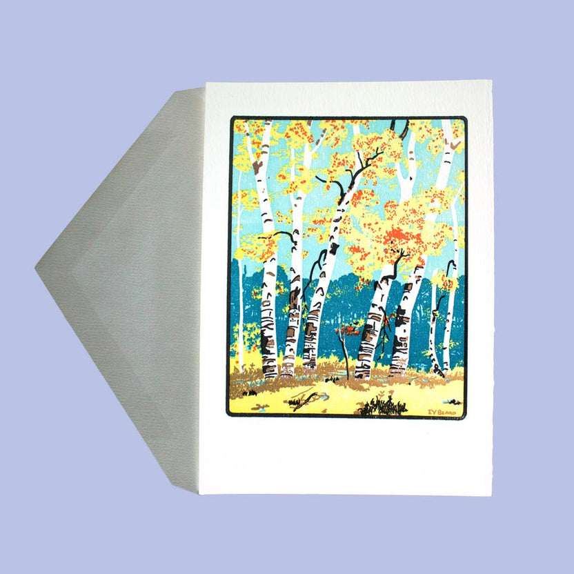 Saturn Press card, autumn letterpress card, fall stationery, birch tree greeting card, botanical letterpress card, deckle edge paper goods, handmade letterpress card, fall foliage card, northeastern forest card, blank autumn card, artisan paper goods, botanical art card, premium greeting card, eco-friendly stationery