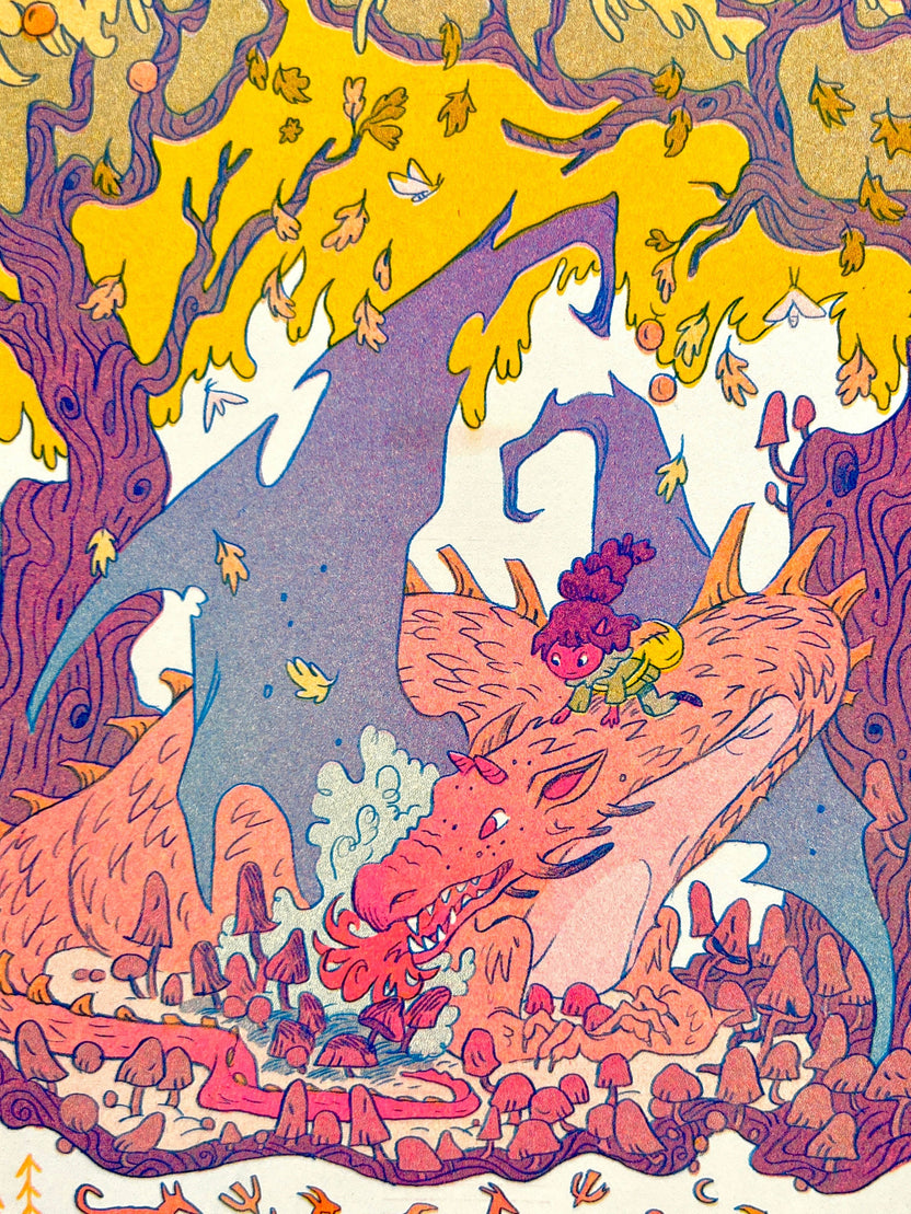 Fall dragon risograph print, autumn fantasy art, mushroom dragon illustration, Natalie Andrewson riso print, blue yellow fluorescent pink riso, cozy fantasy artwork, whimsical dragon art print, indie printmaker risograph, autumn creature art, vibrant riso illustration, collectible riso print, Rogue & Rye fantasy art.