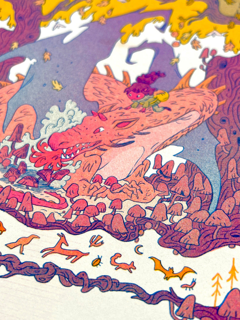 Fall dragon risograph print, autumn fantasy art, mushroom dragon illustration, Natalie Andrewson riso print, blue yellow fluorescent pink riso, cozy fantasy artwork, whimsical dragon art print, indie printmaker risograph, autumn creature art, vibrant riso illustration, collectible riso print, Rogue & Rye fantasy art.