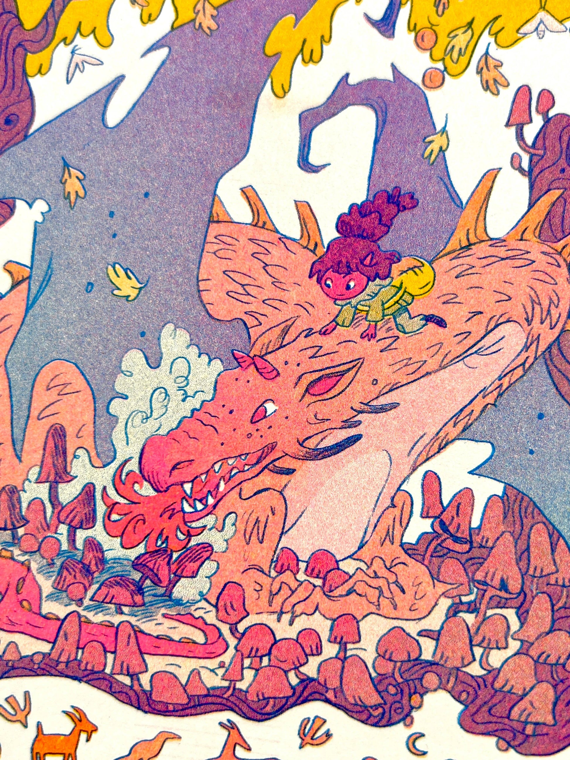 Fall dragon risograph print, autumn fantasy art, mushroom dragon illustration, Natalie Andrewson riso print, blue yellow fluorescent pink riso, cozy fantasy artwork, whimsical dragon art print, indie printmaker risograph, autumn creature art, vibrant riso illustration, collectible riso print, Rogue & Rye fantasy art.