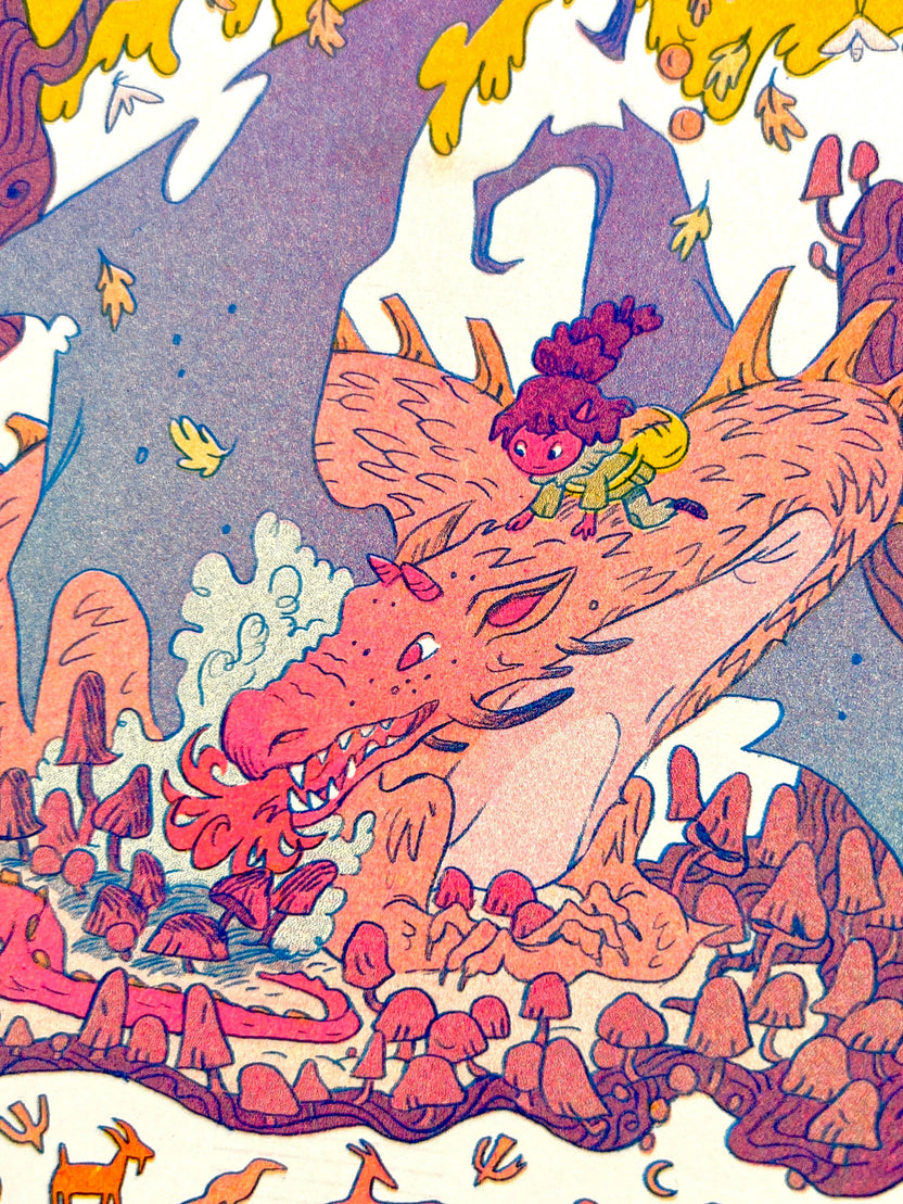Fall dragon risograph print, autumn fantasy art, mushroom dragon illustration, Natalie Andrewson riso print, blue yellow fluorescent pink riso, cozy fantasy artwork, whimsical dragon art print, indie printmaker risograph, autumn creature art, vibrant riso illustration, collectible riso print, Rogue & Rye fantasy art.