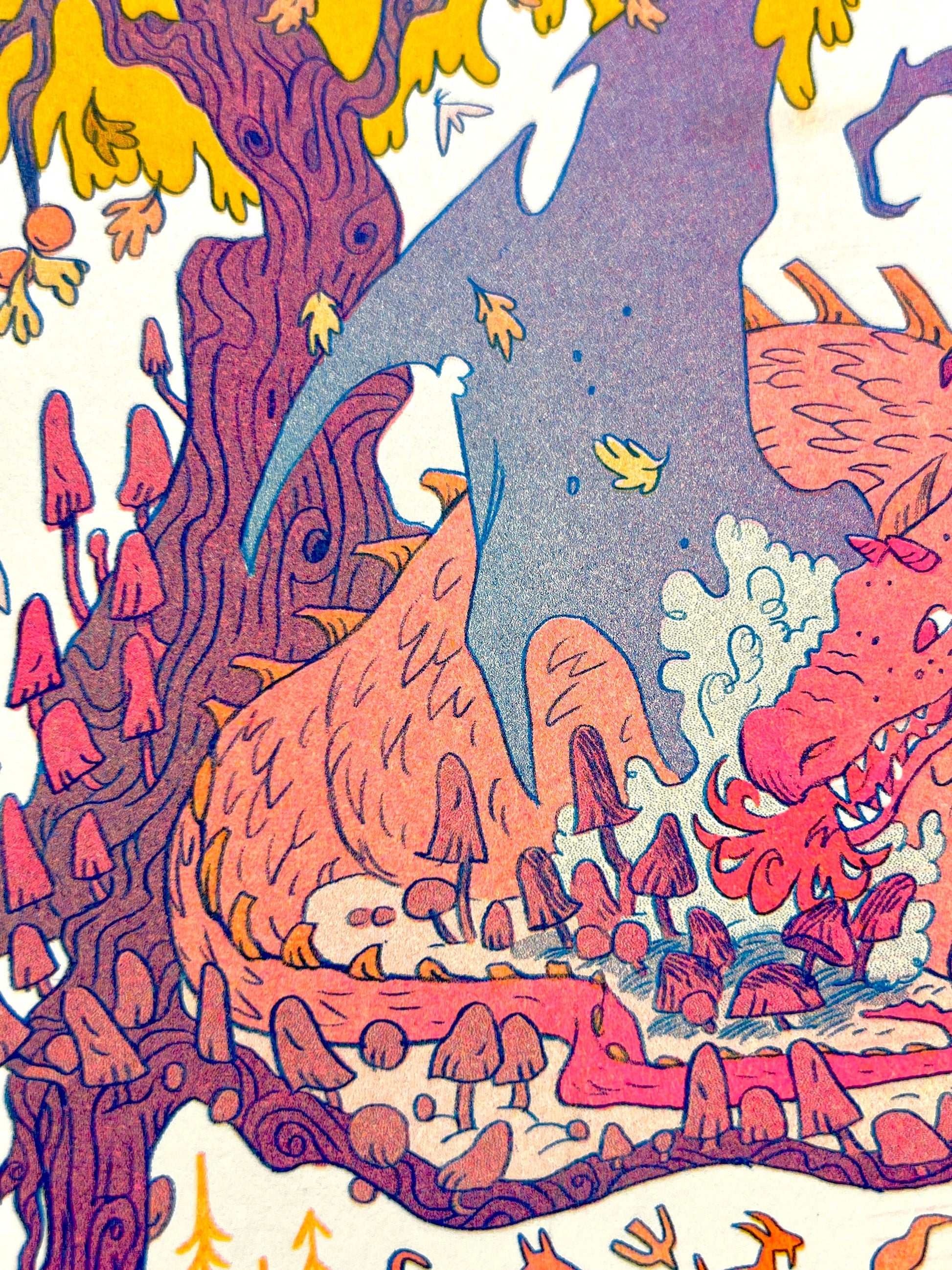 Fall dragon risograph print, autumn fantasy art, mushroom dragon illustration, Natalie Andrewson riso print, blue yellow fluorescent pink riso, cozy fantasy artwork, whimsical dragon art print, indie printmaker risograph, autumn creature art, vibrant riso illustration, collectible riso print, Rogue & Rye fantasy art.