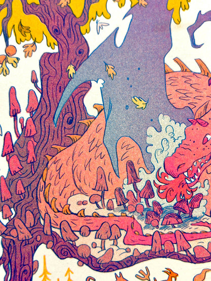 Fall dragon risograph print, autumn fantasy art, mushroom dragon illustration, Natalie Andrewson riso print, blue yellow fluorescent pink riso, cozy fantasy artwork, whimsical dragon art print, indie printmaker risograph, autumn creature art, vibrant riso illustration, collectible riso print, Rogue & Rye fantasy art.