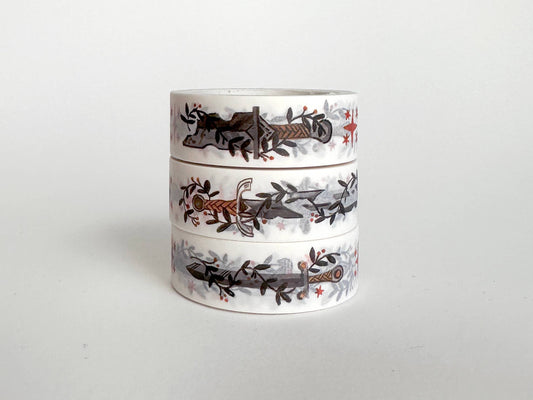 fantasy swords washi tape, sword washi tape, fantasy washi tape, gaming washi tape, dnd washi tape, washi tape for book lovers, fantasy stationery, 15mm washi tape, fantasy gift wrap tape, decorative tape for RPG players, bullet journal accessories, gamer stationery, geeky washi tape