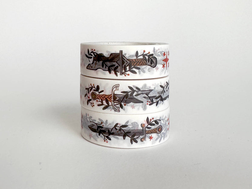 fantasy swords washi tape, sword washi tape, fantasy washi tape, gaming washi tape, dnd washi tape, washi tape for book lovers, fantasy stationery, 15mm washi tape, fantasy gift wrap tape, decorative tape for RPG players, bullet journal accessories, gamer stationery, geeky washi tape